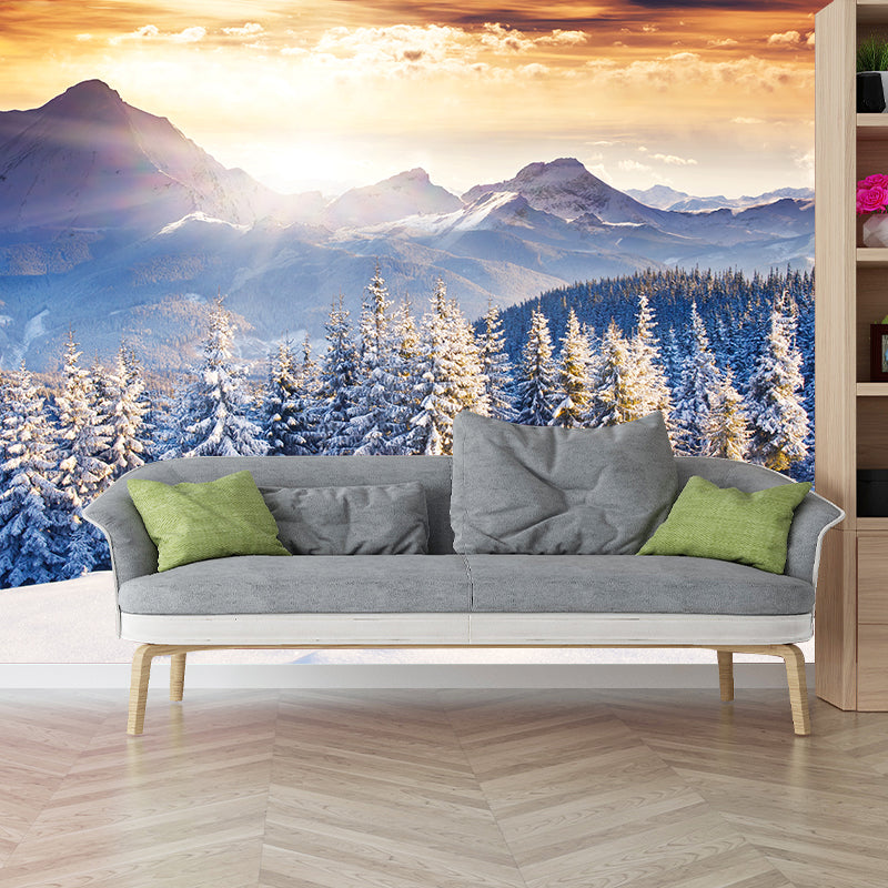 Custom Photography Modern Mural with Sunset at Snowy Pine Forest Pattern in Blue-Brown Blue-Brown Clearhalo 'Wall Decor' 'Wall Mural' 1394760