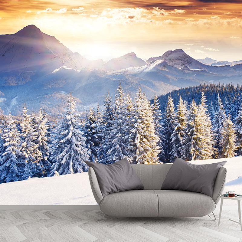 Custom Photography Modern Mural with Sunset at Snowy Pine Forest Pattern in Blue-Brown Clearhalo 'Wall Decor' 'Wall Mural' 1394761