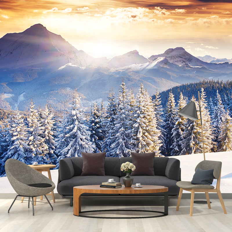 Custom Photography Modern Mural with Sunset at Snowy Pine Forest Pattern in Blue-Brown Clearhalo 'Wall Decor' 'Wall Mural' 1394762