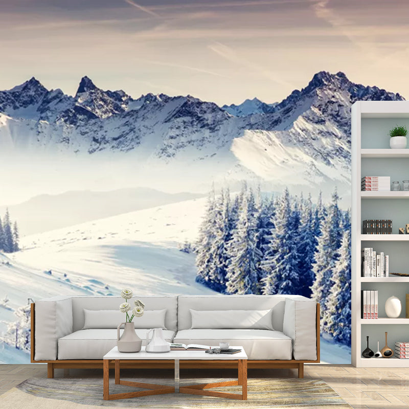 Grey-White Modern Wall Murals Full Size Snowy Pine Trees and Mountain Wall Art for Home Clearhalo 'Wall Decor' 'Wall Mural' 1394766