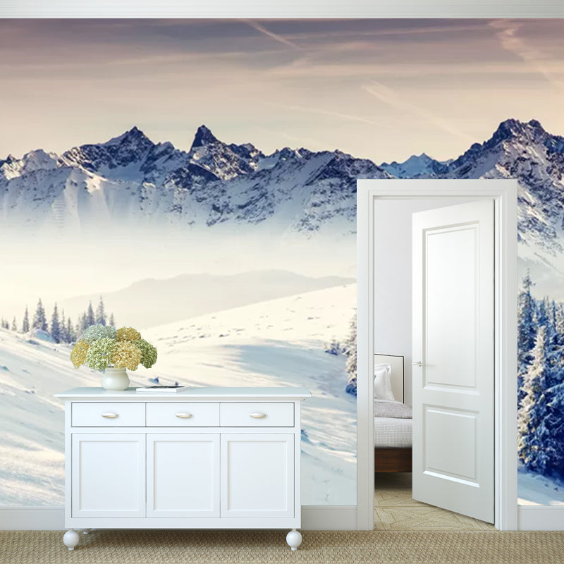 Grey-White Modern Wall Murals Full Size Snowy Pine Trees and Mountain Wall Art for Home Clearhalo 'Wall Decor' 'Wall Mural' 1394767