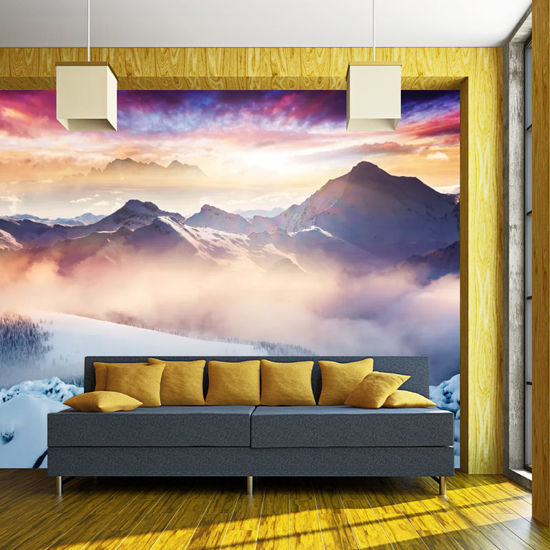 Modern Foggy Snow Mountain Mural for Living Room Custom Wall Decor in Orange-Blue Orange-Blue Clearhalo 'Wall Decor' 'Wall Mural' 1394770