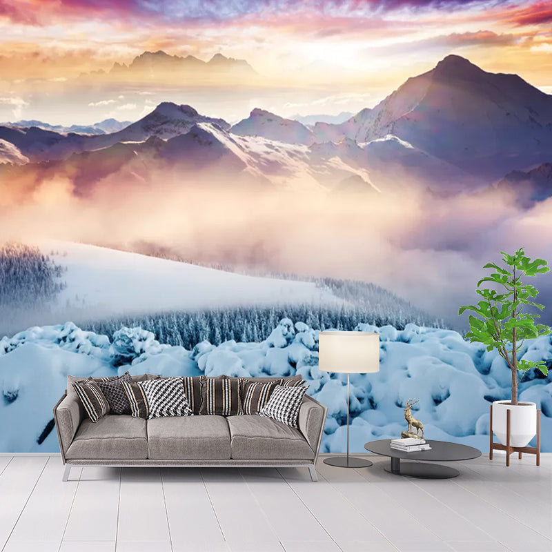 Modern Foggy Snow Mountain Mural for Living Room Custom Wall Decor in Orange-Blue Clearhalo 'Wall Decor' 'Wall Mural' 1394771