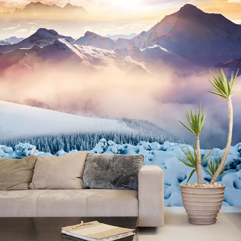 Modern Foggy Snow Mountain Mural for Living Room Custom Wall Decor in Orange-Blue Clearhalo 'Wall Decor' 'Wall Mural' 1394772