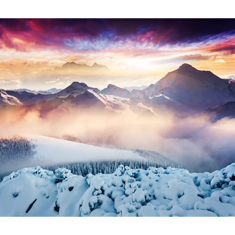 Modern Foggy Snow Mountain Mural for Living Room Custom Wall Decor in Orange-Blue Clearhalo 'Wall Decor' 'Wall Mural' 1394773