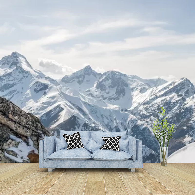 Modern Snowy Mountain Range Murals Blue and White Winter Landscape Wall Covering Gray-White Clearhalo 'Wall Decor' 'Wall Mural' 1394780