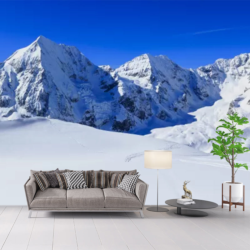 Full Size Snow Scenery Mural for Bedroom Straight Road to Mountain Pattern Wall Decor in Blue-White, Waterproof Blue-White Clearhalo 'Wall Decor' 'Wall Mural' 1394785