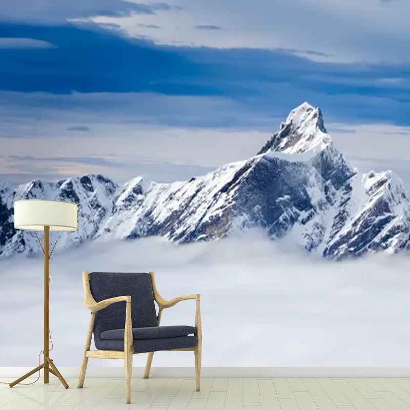 Huge Winter Scene Wall Mural Modern Beautiful Snowy Peak Above the Cloud Wall Art in Blue-White Blue-White Clearhalo 'Wall Decor' 'Wall Mural' 1394790