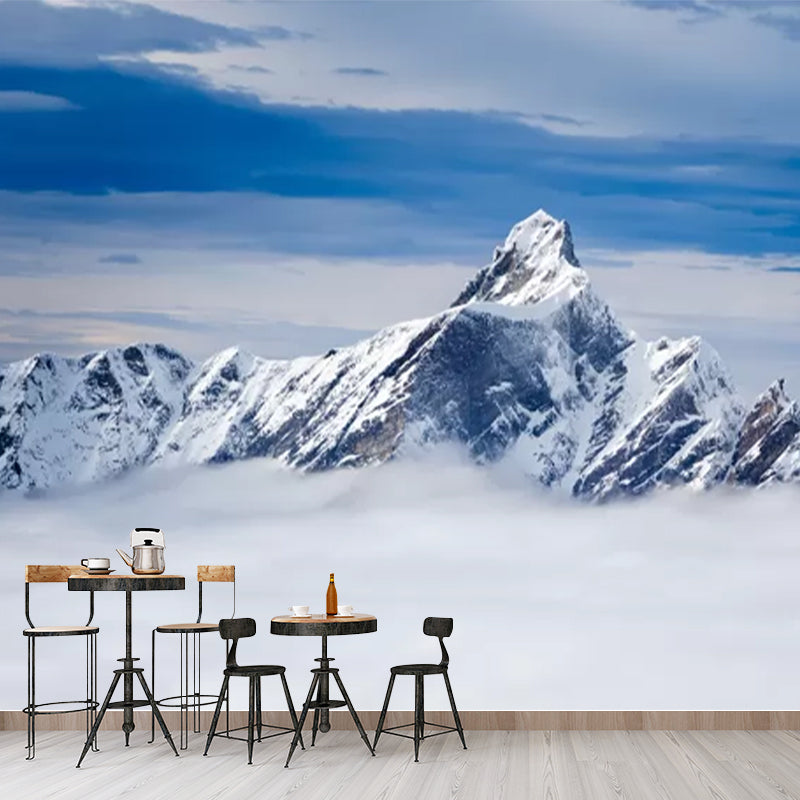 Huge Winter Scene Wall Mural Modern Beautiful Snowy Peak Above the Cloud Wall Art in Blue-White Clearhalo 'Wall Decor' 'Wall Mural' 1394791