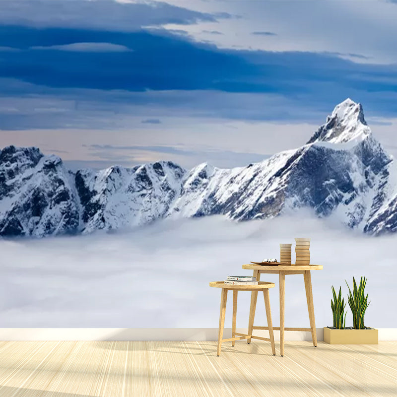 Huge Winter Scene Wall Mural Modern Beautiful Snowy Peak Above the Cloud Wall Art in Blue-White Clearhalo 'Wall Decor' 'Wall Mural' 1394792