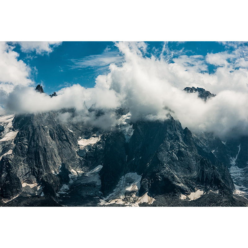 Cool Cloudy Rocky Mountain Murals for Living Room, Grey-White, Custom Size Available Clearhalo 'Wall Decor' 'Wall Mural' 1394808