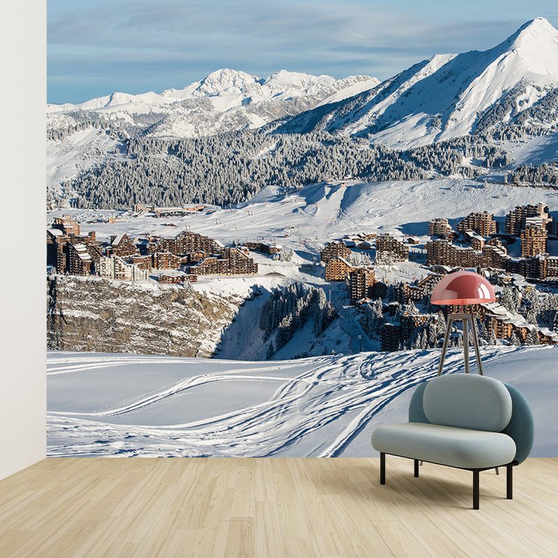 Grey-White Contemporary Mural Decal Large Mountain Village after Snowfall Wall Art for Home Gray-White Clearhalo 'Wall Decor' 'Wall Mural' 1394815