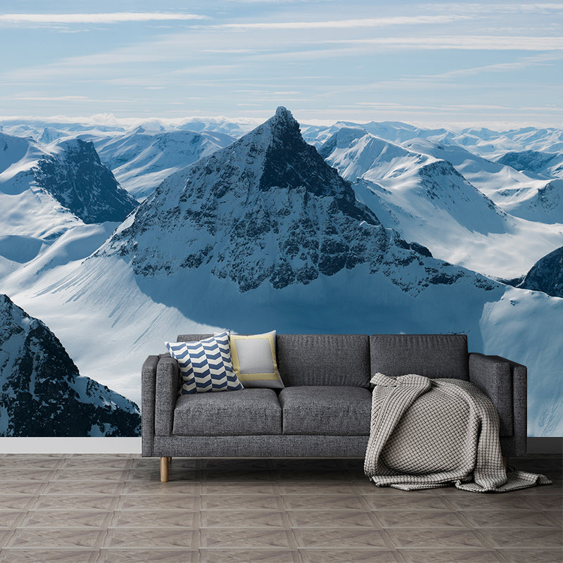 Modern Snowy Mountain Landscape Mural Blue-White Stain Resistant Wall Decor for Living Room Blue-White Clearhalo 'Wall Decor' 'Wall Mural' 1394820