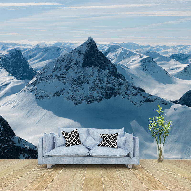 Modern Snowy Mountain Landscape Mural Blue-White Stain Resistant Wall Decor for Living Room Clearhalo 'Wall Decor' 'Wall Mural' 1394822