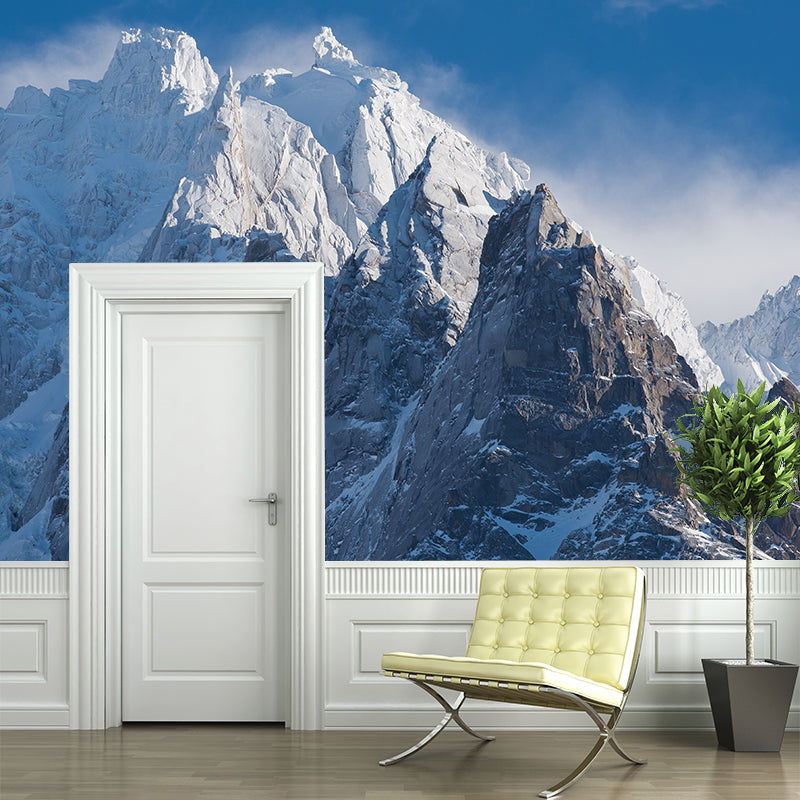 Blue-White Mountain Peaks Murals Snow Landscape Modern Moisture Resistant Wall Covering Clearhalo 'Wall Decor' 'Wall Mural' 1394841