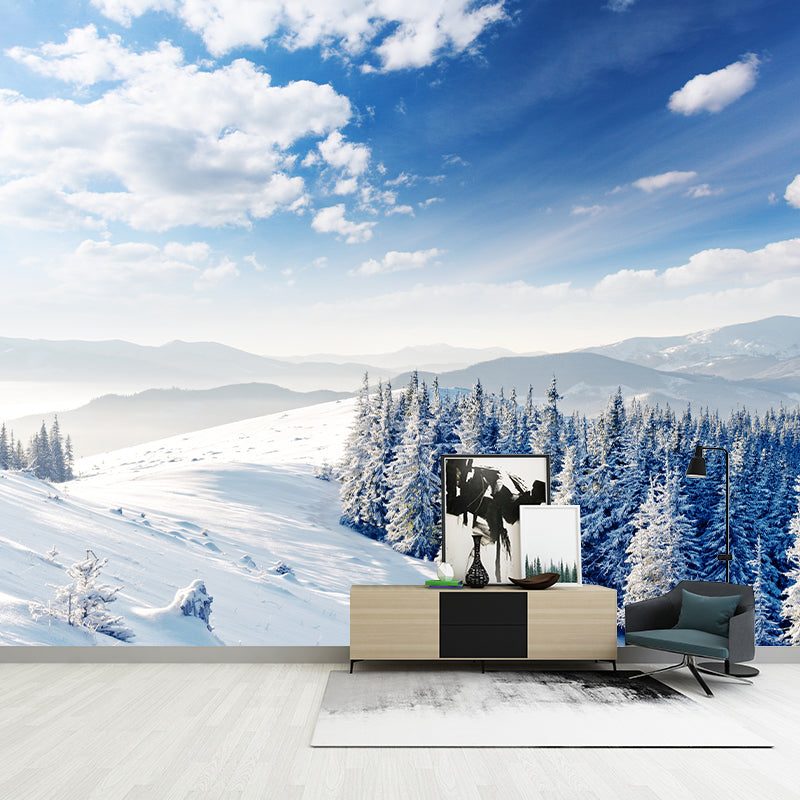 Modern Snowy Pine Forest Mural Wallpaper Blue-White Waterproof Wall Art for Living Room Blue-White Clearhalo 'Wall Decor' 'Wall Mural' 1394850