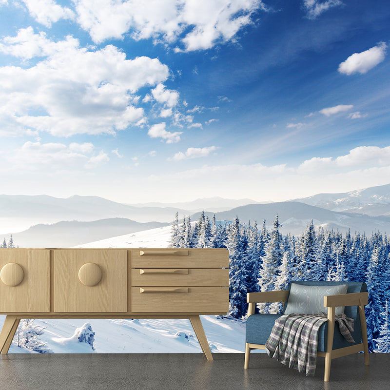 Modern Snowy Pine Forest Mural Wallpaper Blue-White Waterproof Wall Art for Living Room Clearhalo 'Wall Decor' 'Wall Mural' 1394852