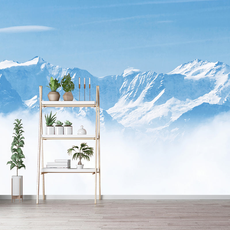 Large Contemporary Mural Wallpaper Blue-White Snow Mountain above Cloud Wall Art, Custom Size Blue-White Clearhalo 'Wall Decor' 'Wall Mural' 1394860