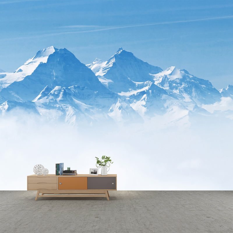 Large Contemporary Mural Wallpaper Blue-White Snow Mountain above Cloud Wall Art, Custom Size Clearhalo 'Wall Decor' 'Wall Mural' 1394861