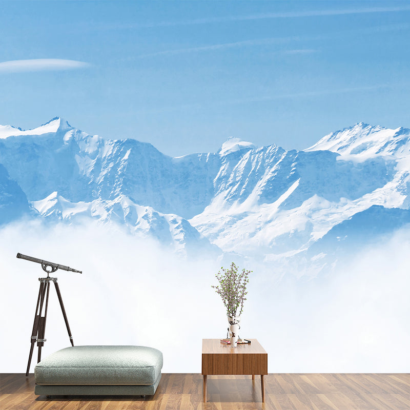 Large Contemporary Mural Wallpaper Blue-White Snow Mountain above Cloud Wall Art, Custom Size Clearhalo 'Wall Decor' 'Wall Mural' 1394862