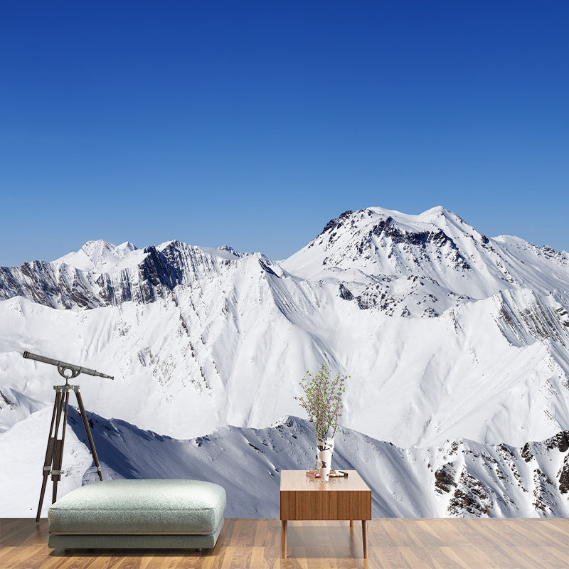 Snow Mountains Wall Paper Mural in Blue-White Contemporary Wall Art for Living Room Clearhalo 'Wall Decor' 'Wall Mural' 1394872