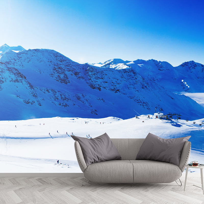 Blue-White Snow Scene Mural Decal Skiing Contemporary Waterproof Wall Art for Living Room Blue-White Clearhalo 'Wall Decor' 'Wall Mural' 1394880