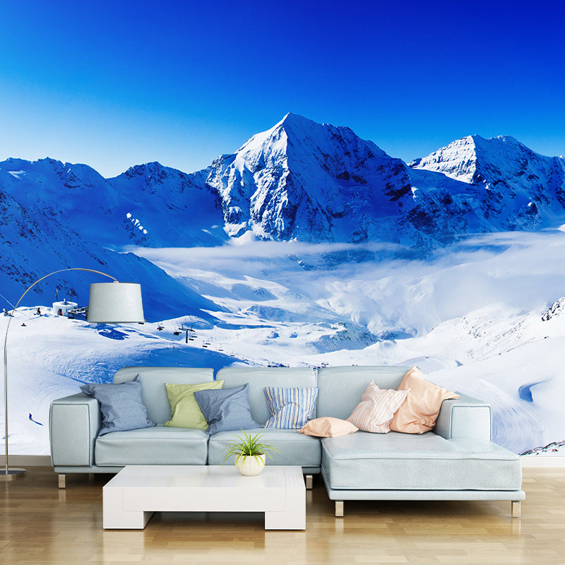 Blue-White Snow Scene Mural Decal Skiing Contemporary Waterproof Wall Art for Living Room Clearhalo 'Wall Decor' 'Wall Mural' 1394881