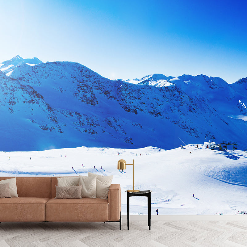 Blue-White Snow Scene Mural Decal Skiing Contemporary Waterproof Wall Art for Living Room Clearhalo 'Wall Decor' 'Wall Mural' 1394882