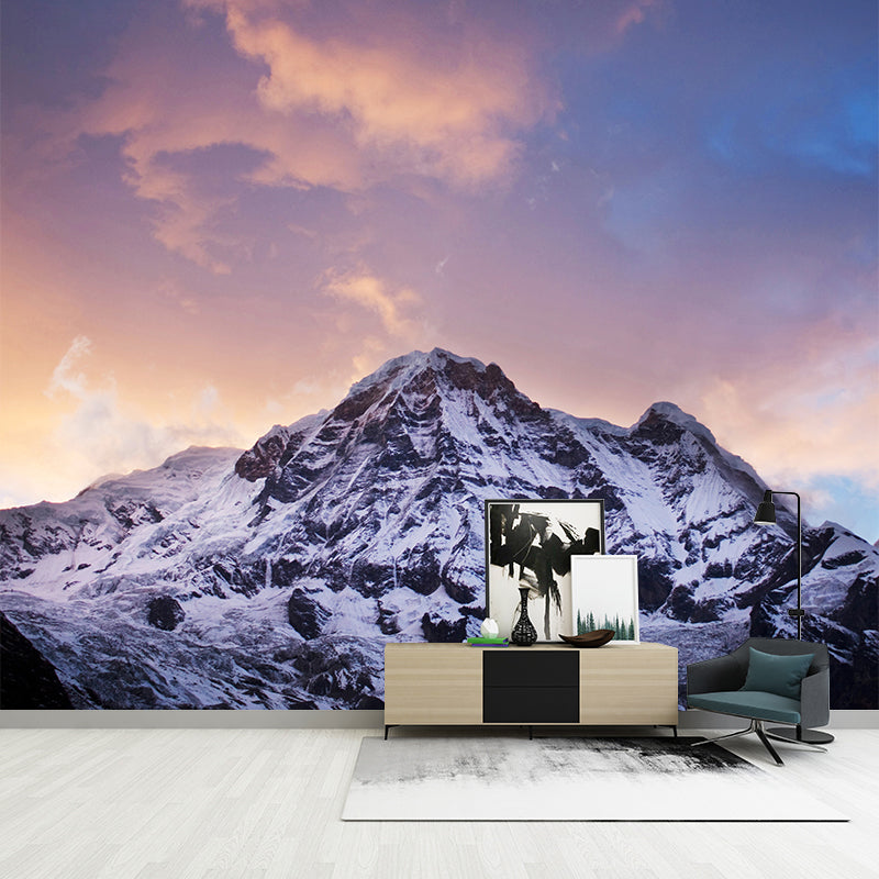 Orange-Blue Sunset Wallpaper Mural Snow Mountain Modern Washable Wall Covering for Home Orange-Blue Clearhalo 'Wall Decor' 'Wall Mural' 1394911