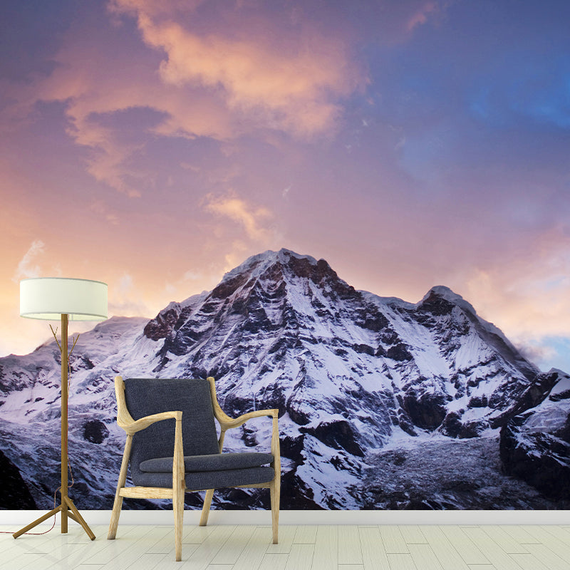 Orange-Blue Sunset Wallpaper Mural Snow Mountain Modern Washable Wall Covering for Home Clearhalo 'Wall Decor' 'Wall Mural' 1394913