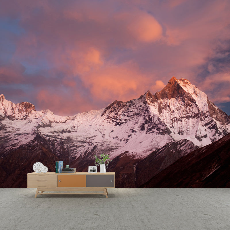 Snow Mountain at Dusk Mural Wallpaper Pink-Blue Modernist Wall Covering for Living Room Pink-Blue Clearhalo 'Wall Decor' 'Wall Mural' 1394961