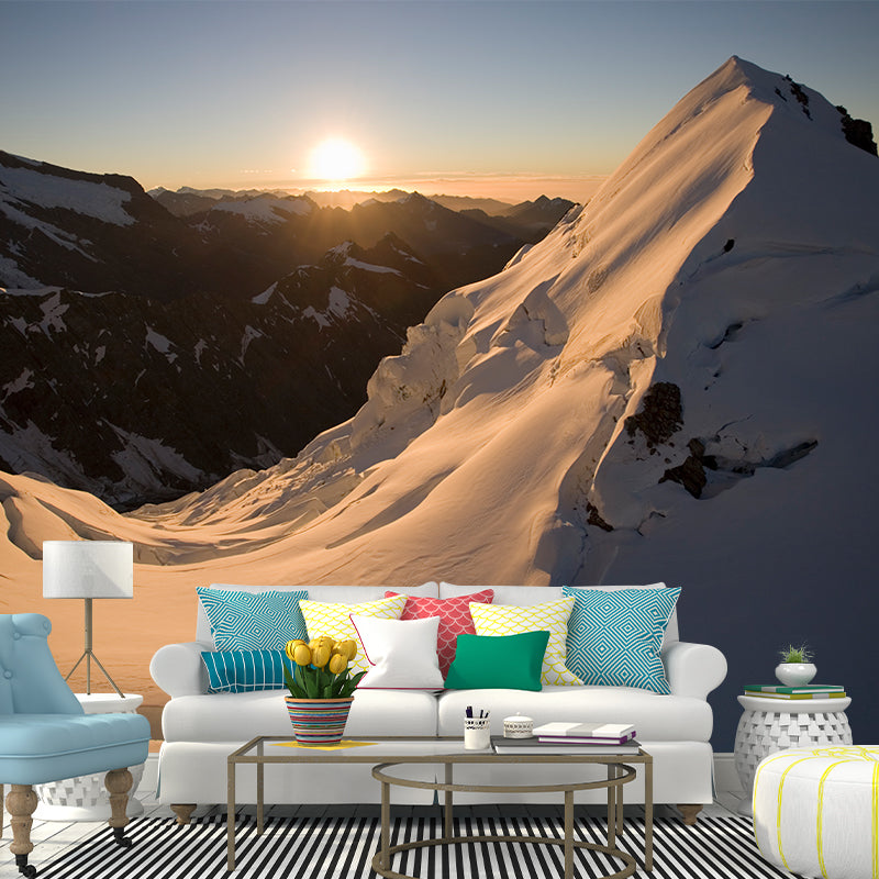 Snow Mountain Sunset Scene Mural Wallpaper Modern Non-Woven Wall Covering in White-Brown White-Brown Clearhalo 'Wall Decor' 'Wall Mural' 1395056