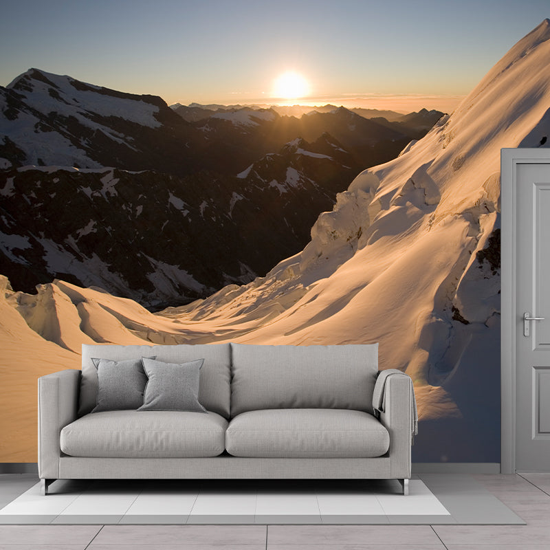 Snow Mountain Sunset Scene Mural Wallpaper Modern Non-Woven Wall Covering in White-Brown Clearhalo 'Wall Decor' 'Wall Mural' 1395057