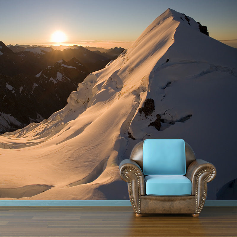 Snow Mountain Sunset Scene Mural Wallpaper Modern Non-Woven Wall Covering in White-Brown Clearhalo 'Wall Decor' 'Wall Mural' 1395058