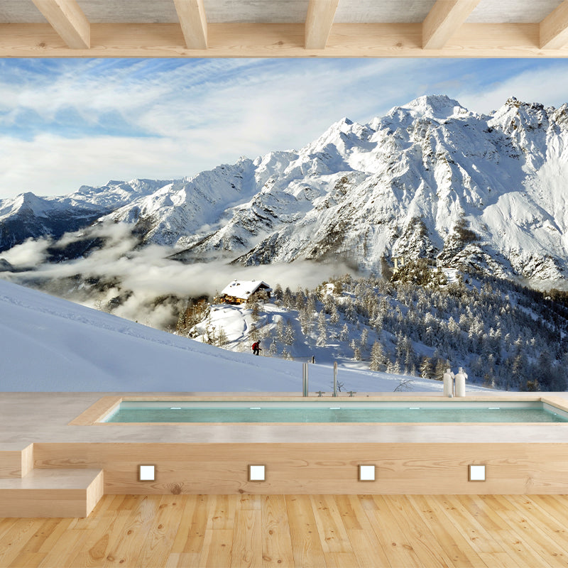 Modern Snow Mountain Cabin Murals Non-Woven Waterproof Grey-White Wall Decor for Home Clearhalo 'Wall Decor' 'Wall Mural' 1395102