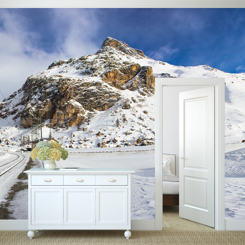 Modern Bypassed Rail Track Murals Blue-White Snow Mountain Scenery Wall Covering Blue-White Clearhalo 'Wall Decor' 'Wall Mural' 1395156