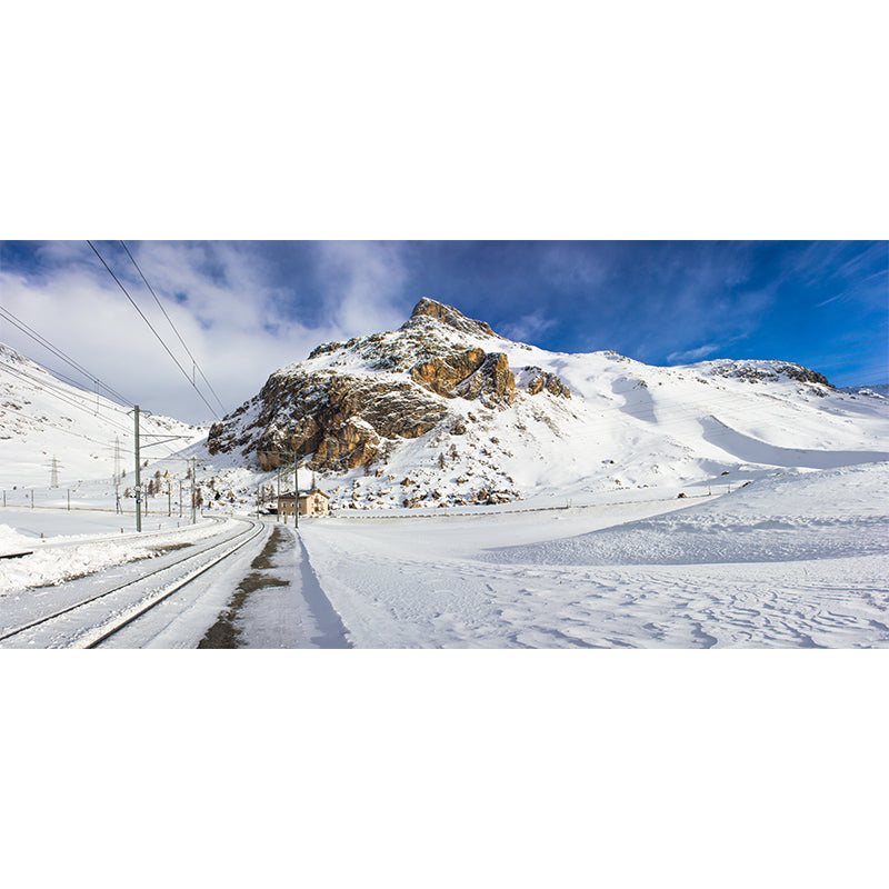 Modern Bypassed Rail Track Murals Blue-White Snow Mountain Scenery Wall Covering Clearhalo 'Wall Decor' 'Wall Mural' 1395159