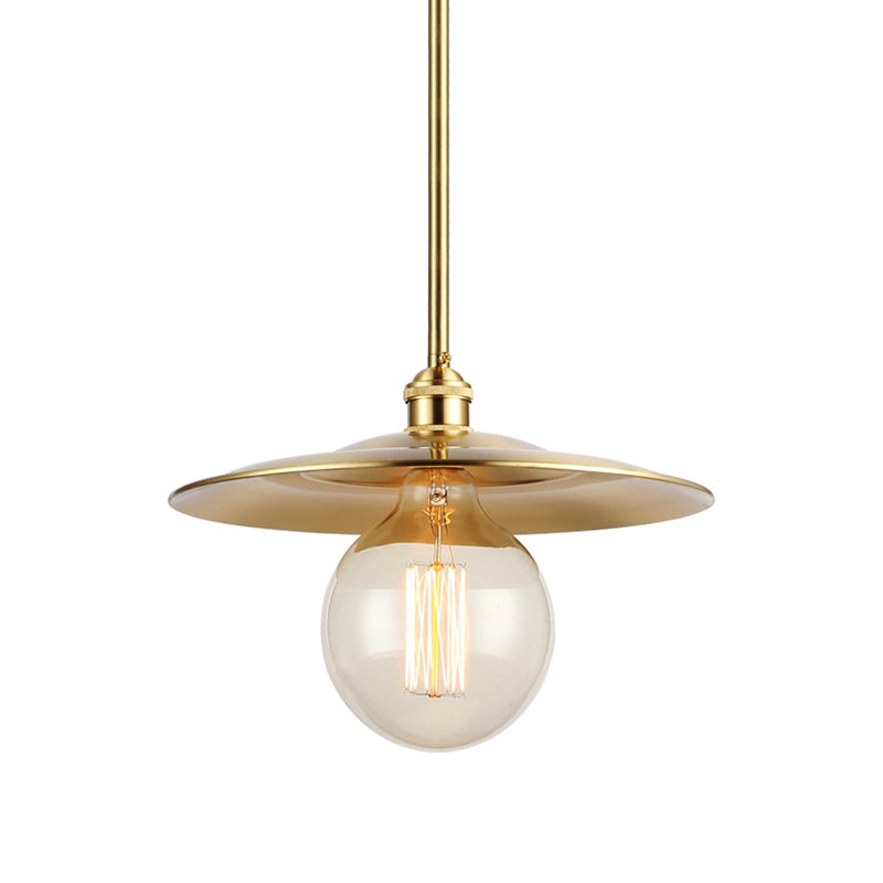 Mid Century Flat Shade Ceiling Fixture 1 Bulb Metallic Pendant Lighting in Brass Finish over Table Clearhalo 'Art Deco Pendants' 'Cast Iron' 'Ceiling Lights' 'Ceramic' 'Crystal' 'Industrial Pendants' 'Industrial' 'Metal' 'Middle Century Pendants' 'Pendant Lights' 'Pendants' 'Tiffany' Lighting' 139610