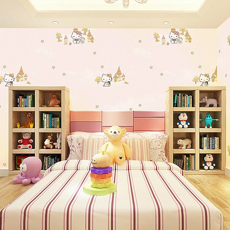 Cartoon Kitten Wallpaper Roll for Kids Room 54.2-sq ft Wall Decor in Pastel Color Pink Clearhalo 'Wall Decor' 'Wallpaper' 1396563