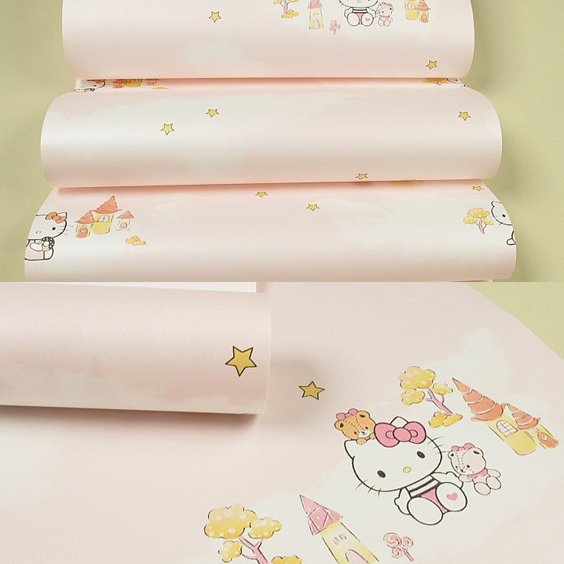 Cartoon Kitten Wallpaper Roll for Kids Room 54.2-sq ft Wall Decor in Pastel Color Clearhalo 'Wall Decor' 'Wallpaper' 1396564