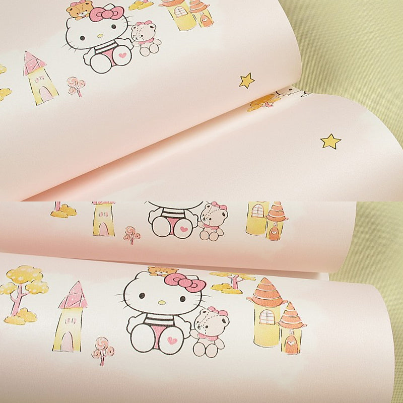 Cartoon Kitten Wallpaper Roll for Kids Room 54.2-sq ft Wall Decor in Pastel Color Clearhalo 'Wall Decor' 'Wallpaper' 1396565