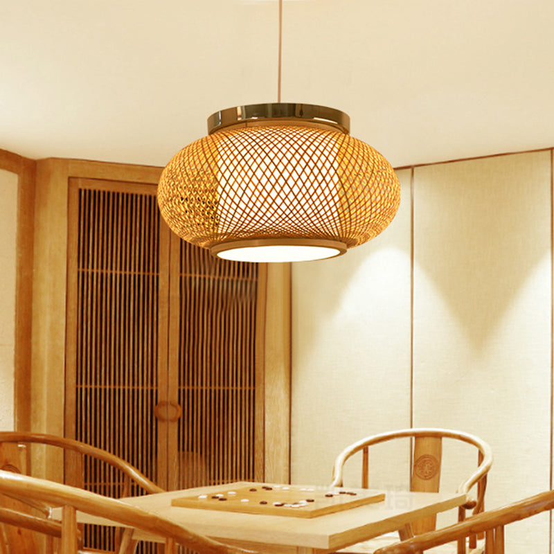 Asian Style 1 Light Hanging Lamp with Bamboo Shade Beige Rounded Drum Pendant Light Fixture, 16