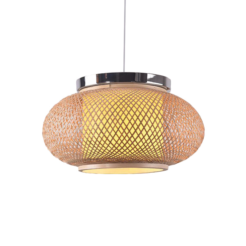 Asian Style 1 Light Hanging Lamp with Bamboo Shade Beige Rounded Drum Pendant Light Fixture, 16