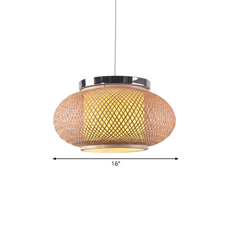 Asian Style 1 Light Hanging Lamp with Bamboo Shade Beige Rounded Drum Pendant Light Fixture, 16