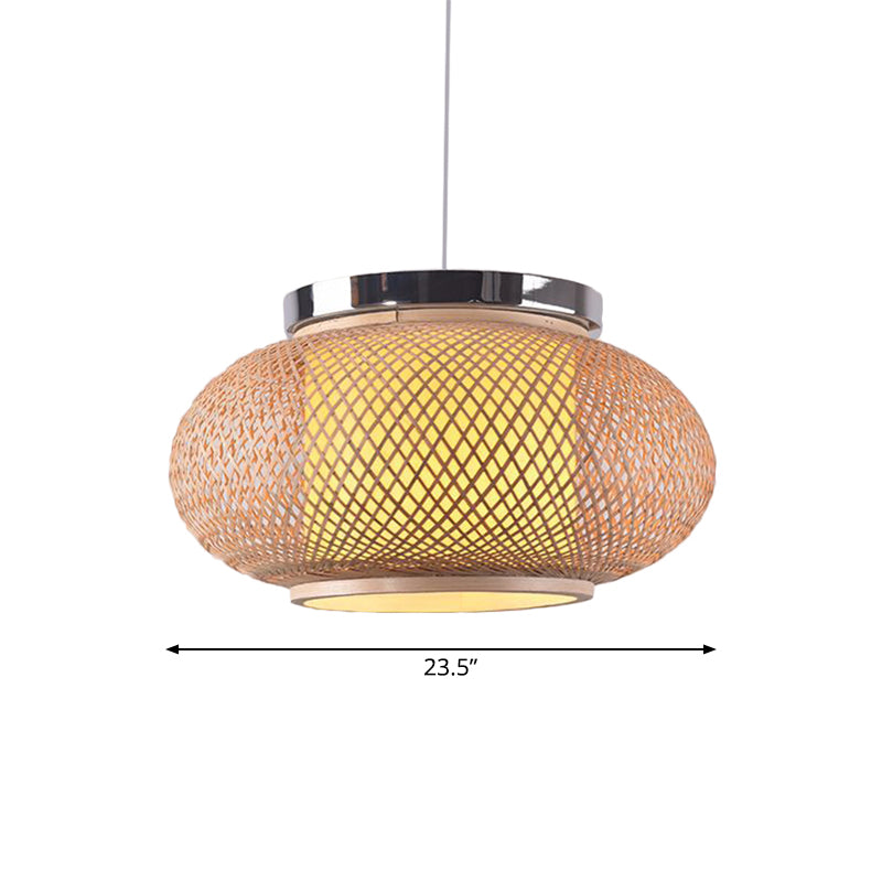 Asian Style 1 Light Hanging Lamp with Bamboo Shade Beige Rounded Drum Pendant Light Fixture, 16