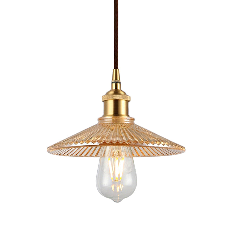 Amber Glass Ribbed Cone Suspension Light Mid Century 1 Bulb Restaurant Ceiling Pendant Clearhalo 'Ceiling Lights' 'Close To Ceiling Lights' 'Glass shade' 'Glass' 'Industrial Pendants' 'Industrial' 'Middle Century Pendants' 'Pendant Lights' 'Pendants' 'Tiffany' Lighting' 139806