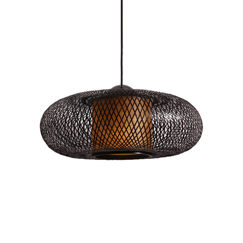 Black/Wood Cross Woven Hanging Pendant Light with Drum Shade Contemporary 1 Head Bamboo Hanging Lamp Clearhalo 'Ceiling Lights' 'Pendant Lights' 'Pendants' Lighting' 139883