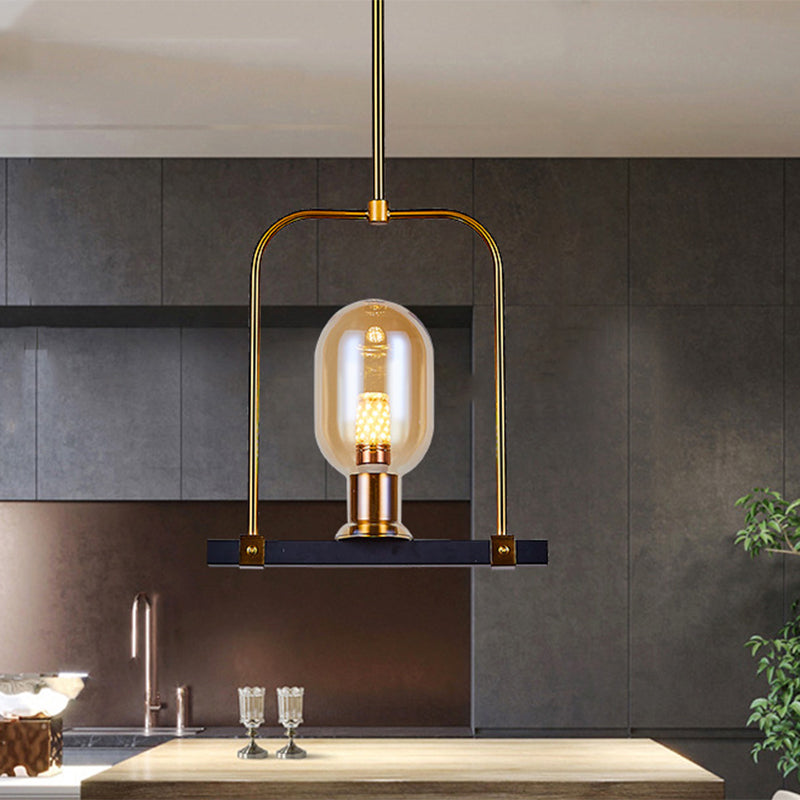 Oval Shape Pendant Lighting Post Modern Amber Glass Single Bulb Black-Gold Hanging Light Kit with Bird Cage Design Black-Gold Clearhalo 'Ceiling Lights' 'Glass shade' 'Glass' 'Modern Pendants' 'Modern' 'Pendant Lights' 'Pendants' Lighting' 1398864