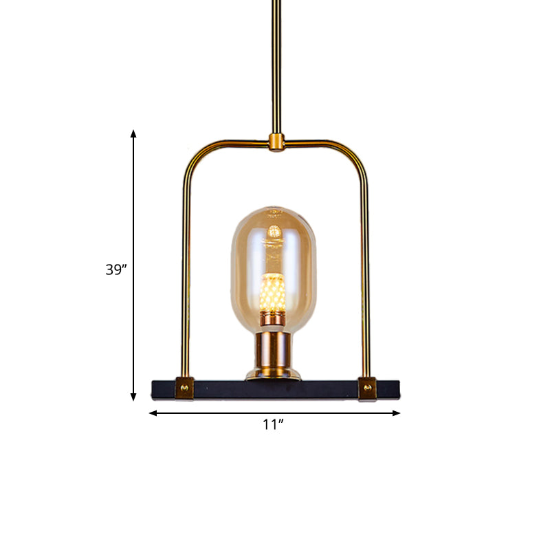 Oval Shape Pendant Lighting Post Modern Amber Glass Single Bulb Black-Gold Hanging Light Kit with Bird Cage Design Clearhalo 'Ceiling Lights' 'Glass shade' 'Glass' 'Modern Pendants' 'Modern' 'Pendant Lights' 'Pendants' Lighting' 1398867