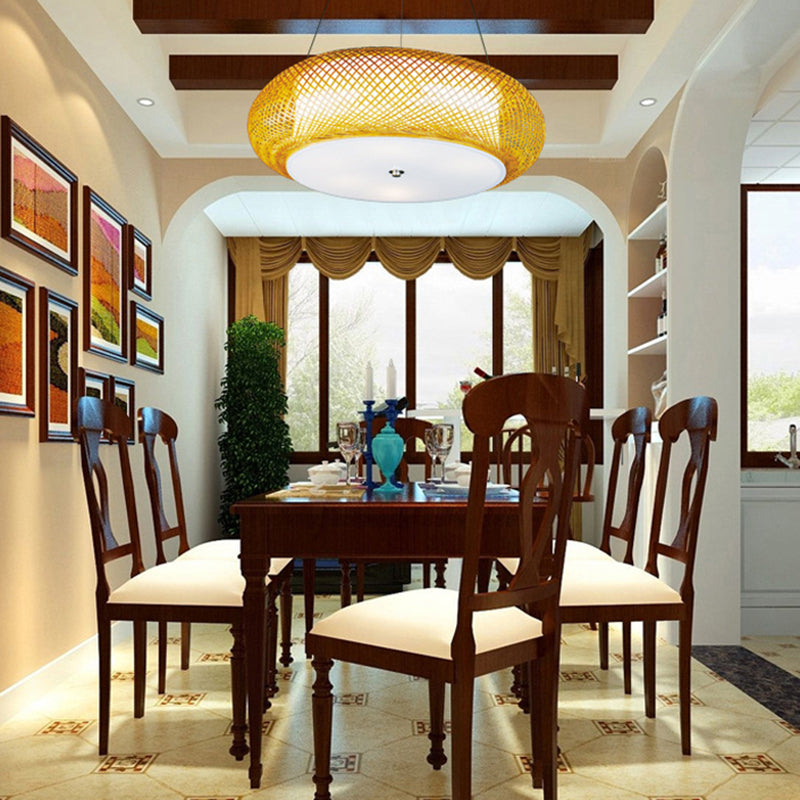 Brown/Wood Hand-Worked Hanging Light with Drum Shade Asian 1 Light Bamboo Suspension Lamp for Dining Room Clearhalo 'Ceiling Lights' 'Pendant Lights' 'Pendants' Lighting' 139907